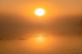 Scenic misty Sunrise over lake with large orange Sun, reflection. Close up photo, copy space Royalty Free Stock Photo