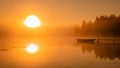 Scenic misty Sunrise over lake with large orange Sun, reflection. Close up photo, copy space Royalty Free Stock Photo