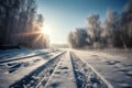 Scenic morning light view of snowy train railway. Generate ai