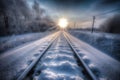 Scenic morning light view of snowy train railway. Generate ai