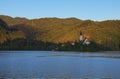 Scenic morning view Bled Lake (Blejsko Jezero) with the Pilgrimage Church of the Assumption of Maria on the small island