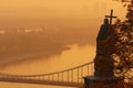 Scenic morning view of Monument of Saint Vladimir Volodymyr the Great, Dnipro River and Pedestrian Bridge.