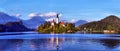 Scenic morning view of St. Martin`s Parish Church near Bled Lake. Beautiful autumn weather during sunrise. Royalty Free Stock Photo