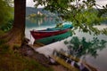 Scenic morning view of St. Martin`s Parish Church near Bled Lake. Beautiful autumn weather during sunrise.