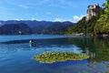 Scenic morning view of St. Martin`s Parish Church near Bled Lake. Beautiful autumn weather during sunrise. Royalty Free Stock Photo