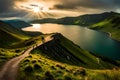 Scenic Mountain Hiking Trail with a View of Stunning Ponta Delgada Lakescape Royalty Free Stock Photo