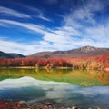 Scenic mountain lake with autumnal forest along the shore and bl Royalty Free Stock Photo