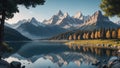 Scenic mountain lake reflects snow-capped peaks under a dramatic summer sky