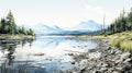 Scenic Mountain Landscape With Lake - Digital Illustration Art