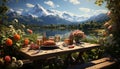 A scenic mountain picnic fresh food, nature, relaxation, beauty generated by AI