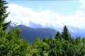 Scenic mountain, mountain range in france, Graian Alps, beautiful natural landscape of Mont Blanc in summer framed by green trees Royalty Free Stock Photo