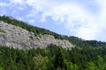 Scenic mountain, mountain range in france, Graian Alps, beautiful natural landscape of Mont Blanc in summer framed by green trees Royalty Free Stock Photo