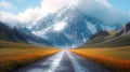 Scenic mountain road leading to towering peaks. serene landscape, travel concept. digital art with a vibrant style. AI