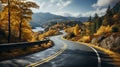 Scenic mountain winding road after rain through autumn forest. Empty asphalt road. generative ai