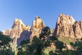 Scenic mountains court of the 4 patriarchs at Zion national Park seen from valley Royalty Free Stock Photo