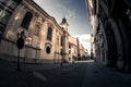 Scenic narrow cobbled street with historic buildings in an old town of Pilsen Plzen. Czech Republic