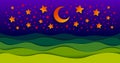 Scenic nature landscape of green grass meadow in the night under shiny moon and stars in midnight sky cartoon paper cut modern Royalty Free Stock Photo