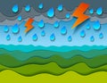Scenic nature landscape of green grass meadow under thunderstorm and lightning cloudy rainy sky cartoon paper cut modern style