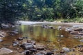 Scenic nature view of Tahan River with lush rainforest foliage at Taman Negara National Park, Pahang