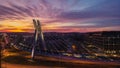 Scenic night aerial photo with suspension bridge and dramatic sky in Krakow, Poland Royalty Free Stock Photo