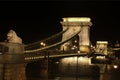 Scenic night light landscape of Budapest. Illuminated Chain Bridge over Danube river. Close-up view Royalty Free Stock Photo