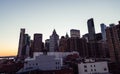 Scenic night-time photo of New York City near Wall Street from the Brooklyn Bridge. Royalty Free Stock Photo