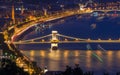 Scenic night view of Chain Bridge and embankment on Danube river in Budapest, Hungary Royalty Free Stock Photo