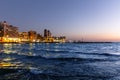 Scenic night view of sea promenade in city of Tripoli and the Mediterranean Sea. Republic of Lebanon Royalty Free Stock Photo