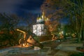 Scenic nightscape with old cannons and Church of St. Catherine in historical center of Chernihiv, Ukraine