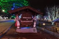 Welcome sign with holiday lights in Leavenworth, Washington