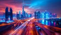 Scenic nighttime skyline of Dubai UAE. Aerial view on highways and skyscrapers in the distance. Royalty Free Stock Photo