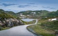 Scenic Norwegian road throgh the lakes and rocks with some snow