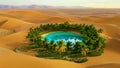 Scenic Oasis Surrounded by Golden Desert Sand Dunes Against Mountain Backdrop. Nature s Hidden Paradise and Tranquil