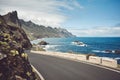 Scenic ocean road by cliffs of the Macizo de Anaga mountain range, Tenerife, Spain Royalty Free Stock Photo