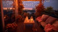 Scenic Outdoor Terrace with Charming String Lights. Enjoying a Cozy Autumn Evening on a Beautiful House\'s Rooftop