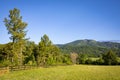 Scenic overlook of Shenandoah blue ridge mountains and hills from farmland in the morning