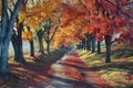 Scenic Painting of a Quiet Dirt Road Embraced by a Lush Forest Landscape, A colorful artwork featuring a tree alley and walking