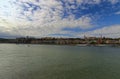 Scenic panorama of ancient Fisherman\'s Bastion and Budapest Castle on the hill. Danube river in Budapest, Hungary Royalty Free Stock Photo