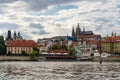 Scenic panorama cityscape view of Moldava river boat Prague in Czech Republic
