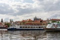 Scenic panorama cityscape view of Moldava river boat Prague in Czech Republic.