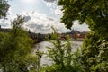 Scenic panorama cityscape view of Moldava river boat Prague in Czech Republic.