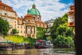 Scenic panorama cityscape view of Moldava river boat Prague in Czech Republic.