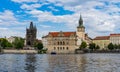 Scenic panorama cityscape view of Moldava river boat Prague in Czech Republic