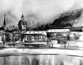 Scenic panorama of the Old Town Gamla Stan in Stockholm, Sweden. Hand-drawn illustration. Watercolor art. Grey, black and white