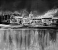 Scenic panorama of the Old Town Gamla Stan in Stockholm, Sweden. Hand-drawn illustration. Watercolor art. Grey, black and white