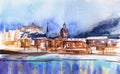 Scenic panorama of the Old Town Gamla Stan in Stockholm, Sweden. Hand-drawn illustration. Watercolor art