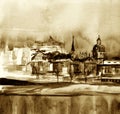 Scenic panorama of the Old Town Gamla Stan in Stockholm, Sweden. Hand-drawn illustration. Watercolor art. Vintage sepia colors.