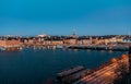 Scenic panorama of the Old Town of Stockholm architecture pier. Gamla Stan Royalty Free Stock Photo