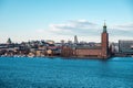 Scenic panorama of the Old Town of Stockholm architecture pier. Gamla Stan