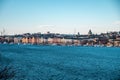 Scenic panorama of the Old Town of Stockholm architecture pier. Gamla Stan